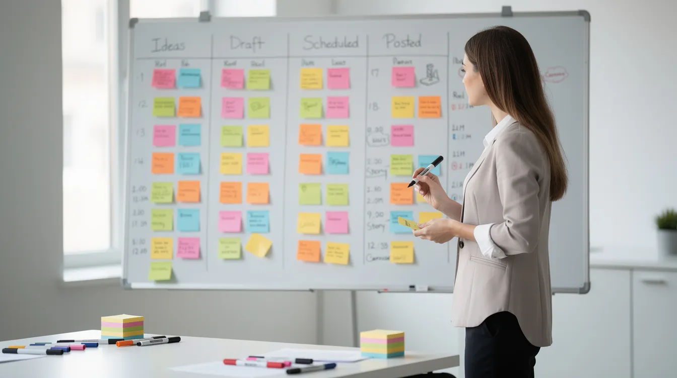The image shows a person actively planning social media content on a whiteboard, surrounded by colorful sticky notes and markers. This setup reflects the process of creating engaging posts for platforms like Twitter, where users connect with their global community and share exclusive content.