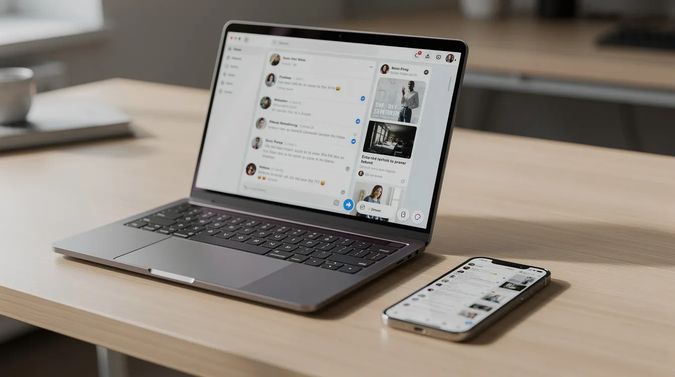 The image features a laptop and a smartphone placed on a desk, both showcasing a social media news feed, likely from the Twitter app. The screens display trending topics and short posts, illustrating how users connect with the global community through tweets and live streams.