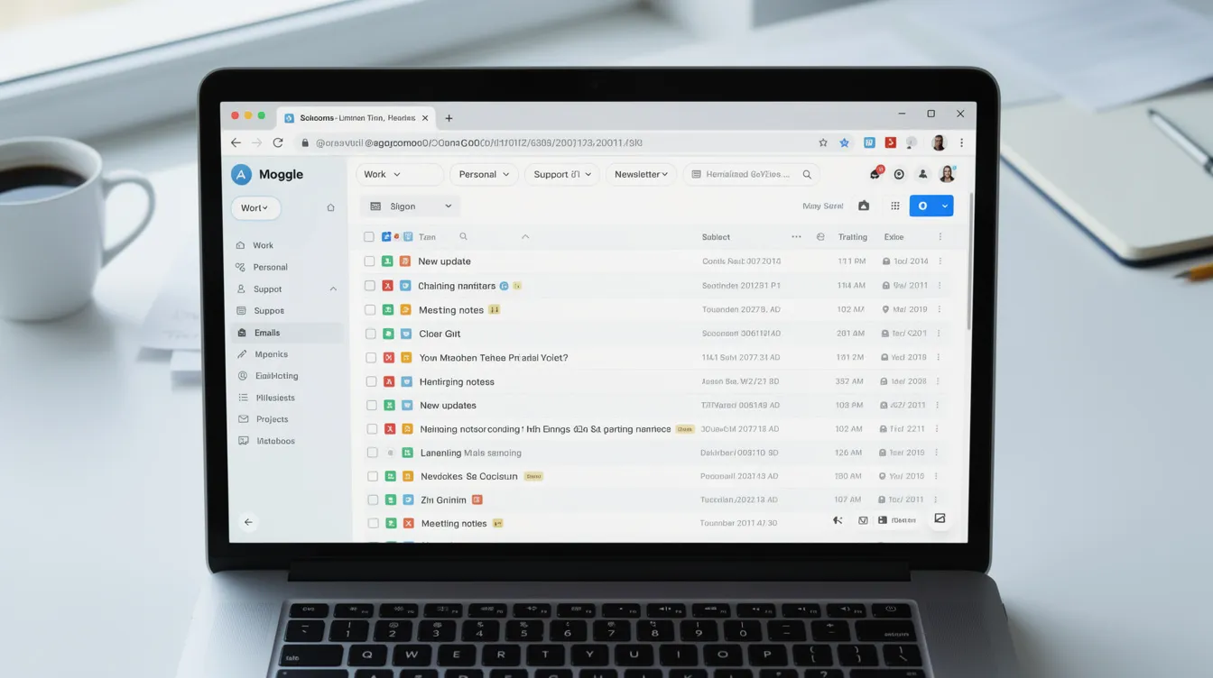 The image shows a laptop screen displaying multiple browser tabs, each open to different email inboxes, suggesting the management of multiple accounts. This setup is useful for users who want to create a second account or manage several accounts simultaneously.