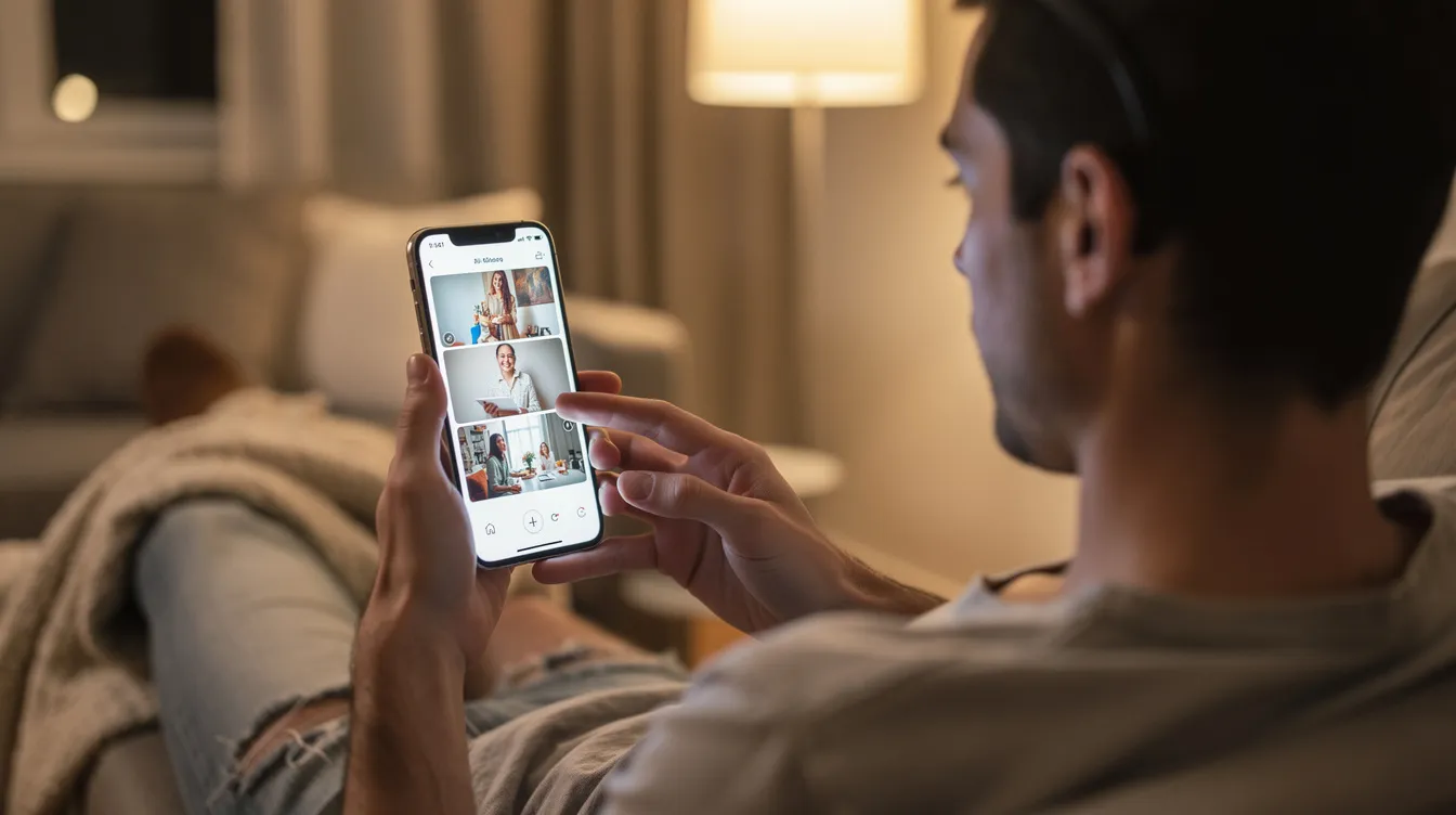 A person is sitting on a couch, intently scrolling through a social media video feed on their smartphone, likely viewing various video posts from their Twitter account. The scene captures the casual engagement with video content on a mobile device, highlighting the modern way users share and interact with media online.