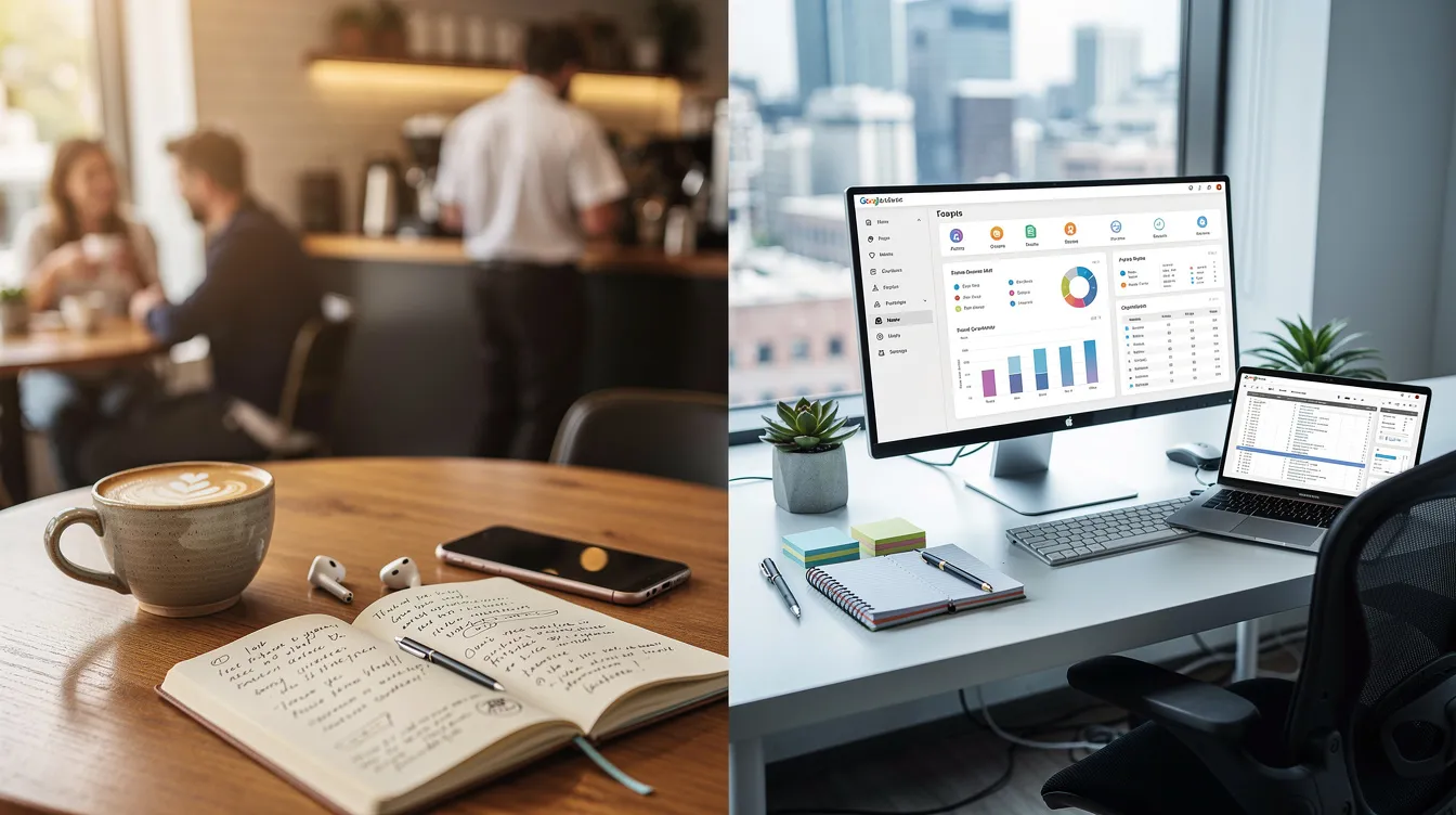 The image features a split-screen design, with a cozy coffee shop setting on the left, complete with casual seating and warm lighting, and a sleek professional office desk on the right, showcasing a computer, notepad, and organized workspace, symbolizing the balance between personal and work life. This visual representation highlights the contrast between relaxation and productivity, reflecting the need to manage multiple accounts in different environments, such as a second Twitter account for personal use versus a main account for professional engagement.