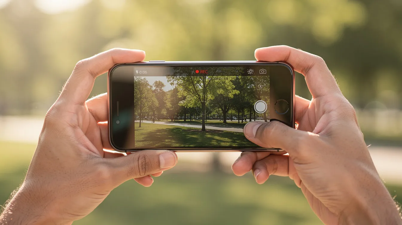 A pair of hands holds a smartphone outdoors, recording a short video clip. The user is likely preparing to upload the video content to their social media accounts, such as Twitter or Instagram, to share with their audience.