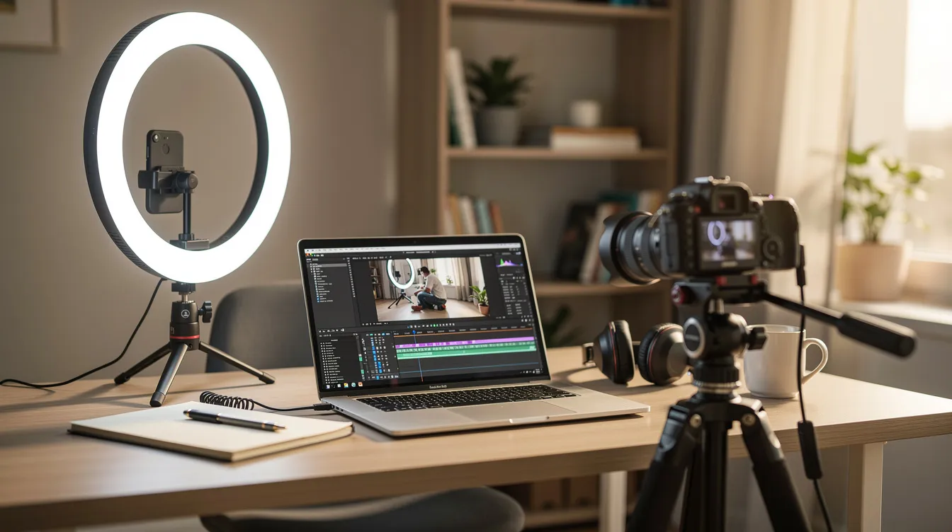 The image depicts a well-organized creative workspace featuring a ring light, camera, and laptop, all set up for content creation, perfect for posting videos on platforms like Twitter and Instagram. This setup highlights the essentials for recording and editing video content, making it ideal for users looking to engage their audience through social media posts.