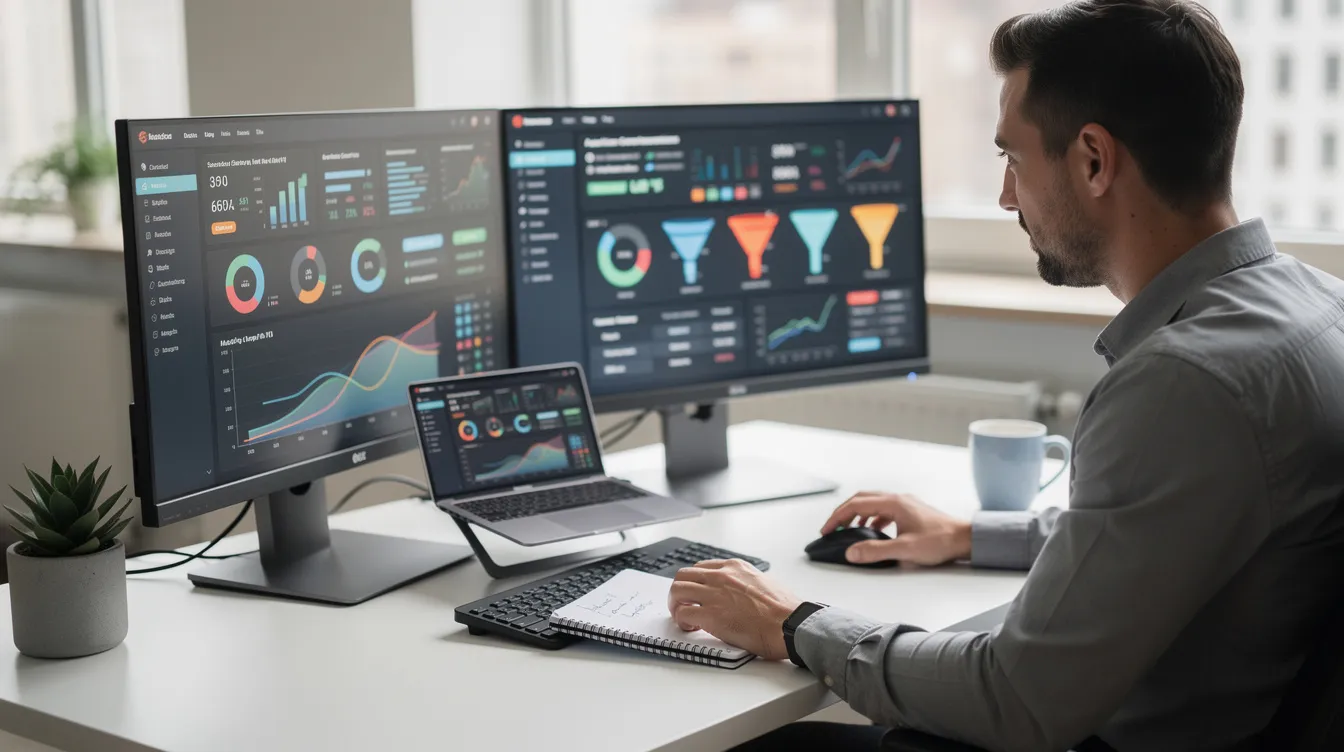 A marketing professional sits at a desk, intently reviewing social media analytics on dual monitors, which display various dashboards filled with metrics and trending topics. This scene captures the essence of audience engagement and the importance of hashtag performance in crafting effective campaigns.