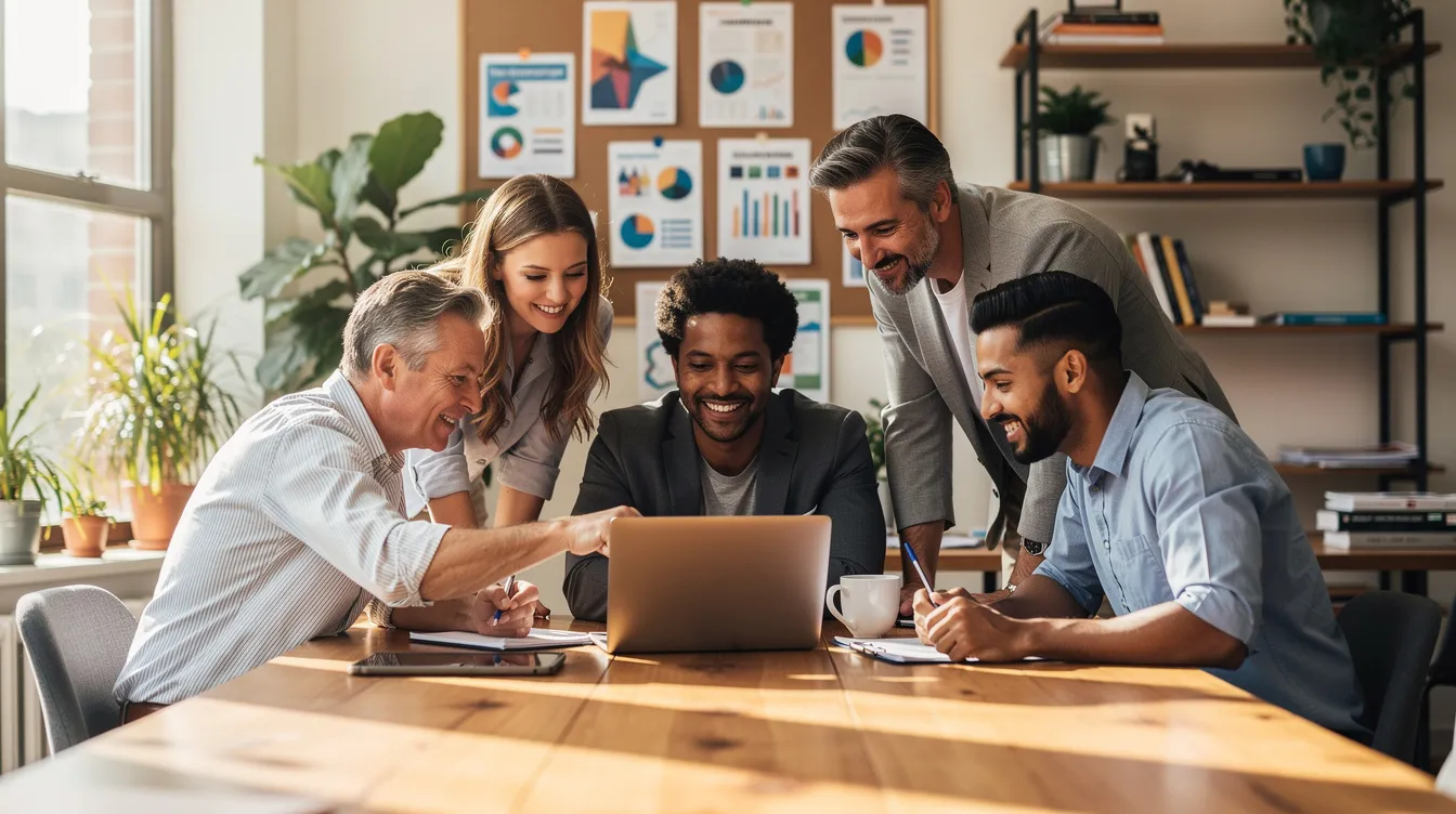 A diverse marketing team is collaborating around a laptop in a bright coworking space, engaged in a discussion about trending topics and insights. The atmosphere is vibrant, reflecting the hottest emerging topics as they share ideas and strategies.