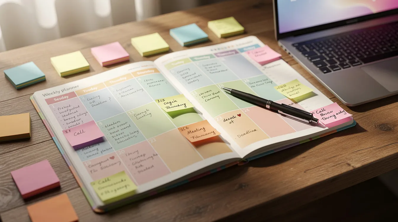 A vibrant weekly planner calendar is spread out on a desk, accompanied by colorful sticky notes and a sleek laptop, creating an organized workspace perfect for tracking tasks and engaging in trending conversations on social media. The scene emphasizes productivity and the importance of audience engagement in daily planning.