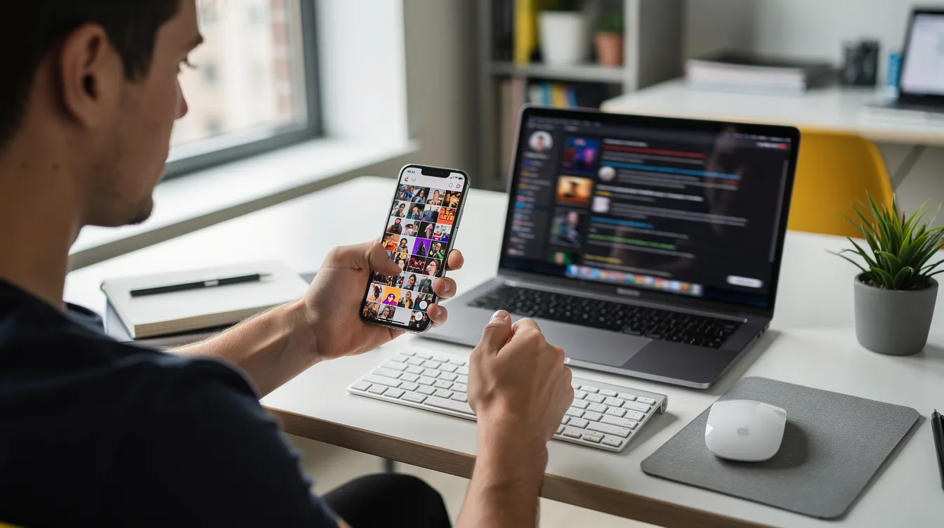 A person is holding a smartphone, intently scrolling through a fast-moving social media feed filled with trending topics and popular hashtags in a sleek modern workspace. The scene captures the essence of audience engagement and current conversations on platforms like Twitter and Instagram.
