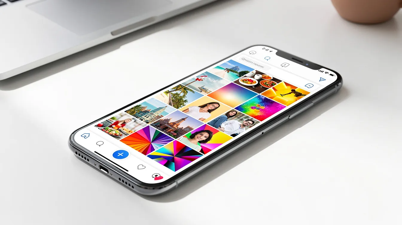 The image shows a smartphone screen featuring a social media content creation tool, displaying colorful media thumbnails for composing multiple tweets. The interface allows users to preview their content, upload images and videos, and connect with their audience through engaging posts.
