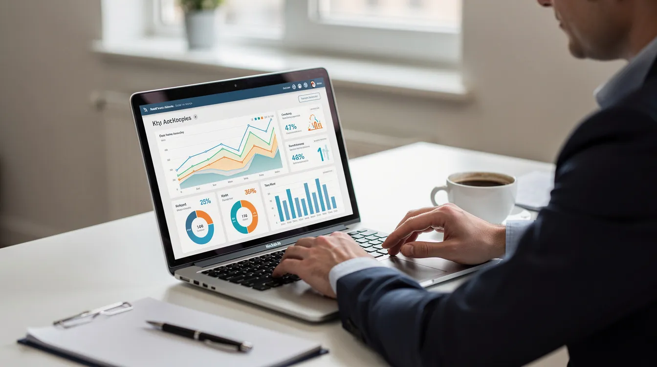 A person is seated at a desk, intently reviewing analytics on their laptop screen while a cup of coffee sits nearby. The scene suggests a focus on understanding user behavior and automated accounts, possibly related to bot detection and managing social media interactions.