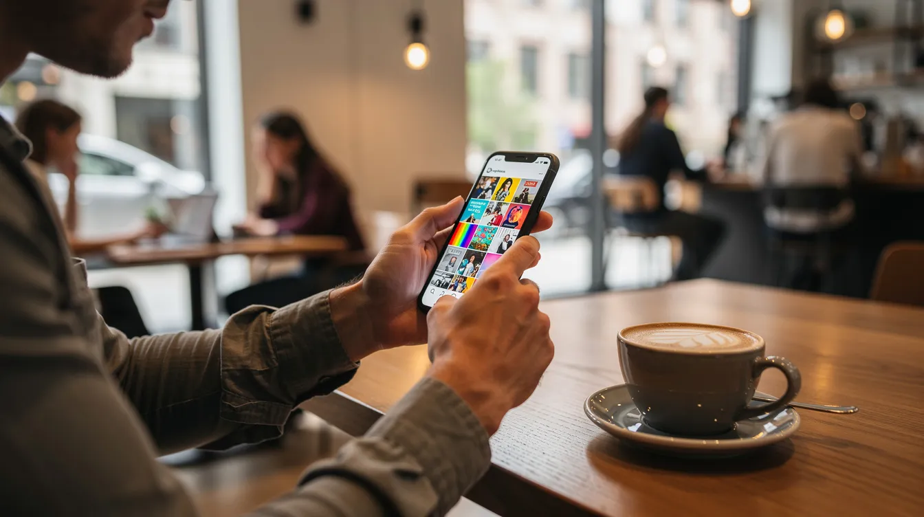 A person is seated in a modern coffee shop, holding a smartphone and scrolling through their social media feed, engaging with posts and tweets. The atmosphere is lively, reflecting a community of users connecting over relevant news and ideas, while the individual interacts with their followers and explores various social accounts.