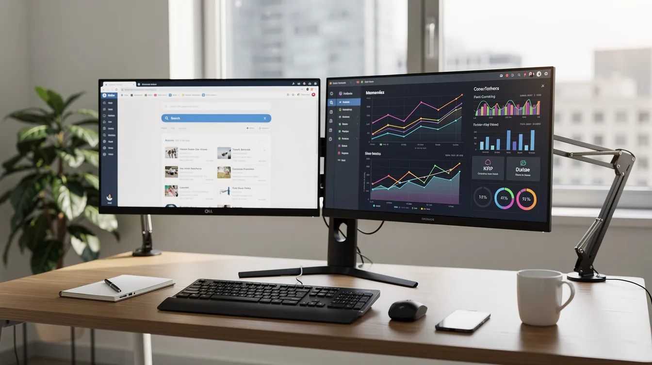 The image shows a professional workspace featuring dual monitors, one displaying a search interface and the other showcasing data analytics tools. This setup is designed to help users efficiently connect with social media platforms like Twitter and LinkedIn, allowing professionals to manage their accounts and analyze their online presence.