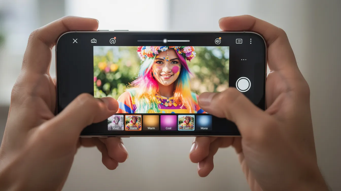 A pair of hands is seen editing a photo on a smartphone, with various filter options displayed at the bottom of the screen, showcasing the process of enhancing images before posting them on social media platforms like Twitter. The scene highlights the user’s interaction with the app, emphasizing the creativity involved in editing pictures for a more polished look.