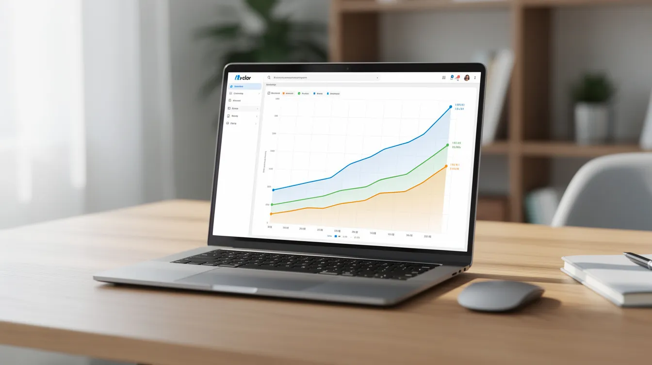 A laptop sits on a desk, showcasing an analytics dashboard filled with upward-trending line graphs that highlight data relevance and community engagement. This tool reflects the process of analyzing trends and ensuring visibility for various topics.