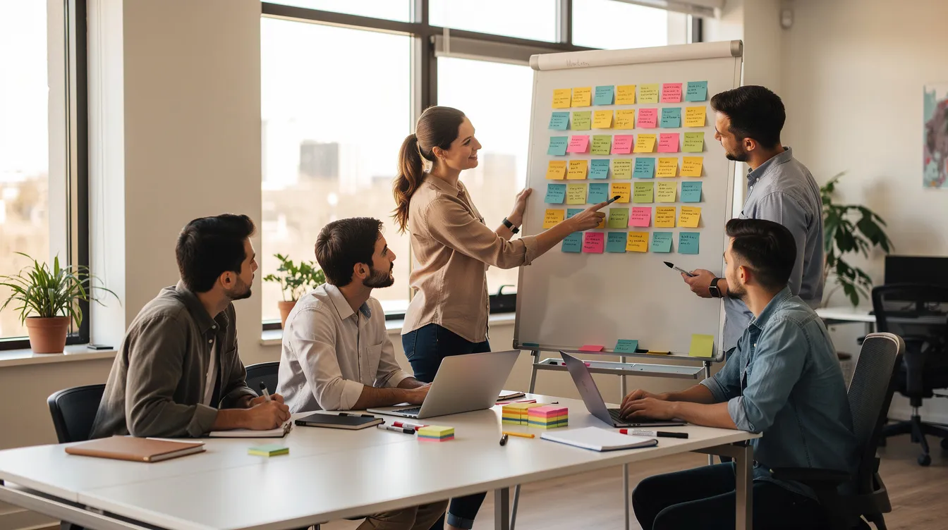 A diverse team of people collaborates around a whiteboard filled with colorful sticky notes, engaging in a creative process to brainstorm ideas and ensure relevance in their project. This scene highlights the beauty of teamwork and the importance of community in the educational context.