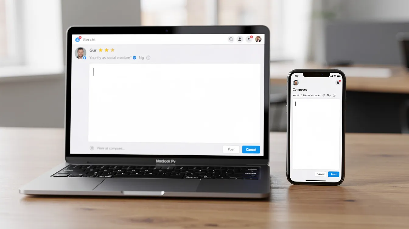 The image shows a laptop and a smartphone placed side by side on a desk, both displaying a social media compose screen with a blinking cursor, indicating the user is ready to create an original post. This setup highlights the engagement with a global community through various platforms, allowing users to connect and share ideas in real-time.