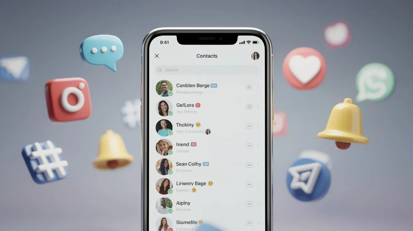 The image depicts a smartphone screen displaying a contacts list, with various social media icons like Twitter, Facebook, and Instagram floating around it. This visual represents a tool for connecting with different platforms and discovering users' identities through their profiles and usernames.