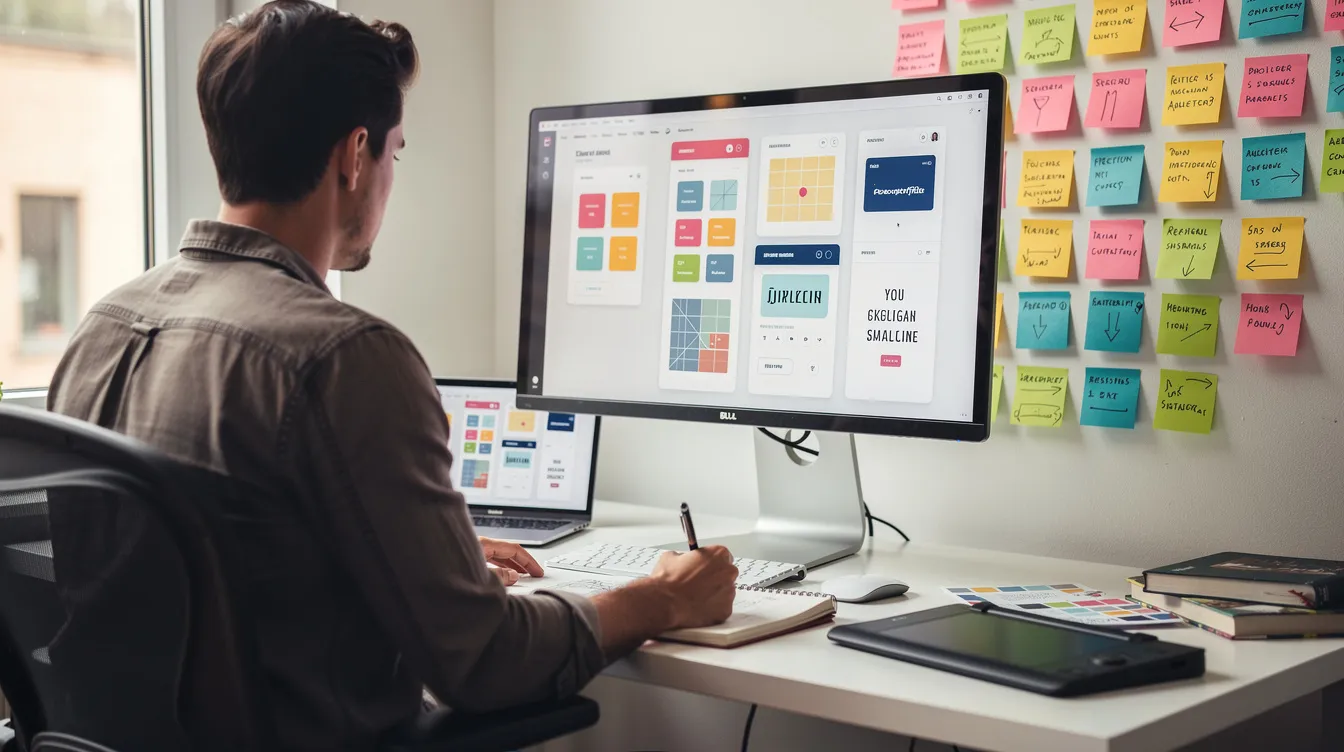 A creative professional is intently reviewing various design layouts displayed on a large monitor, while colorful sticky notes adorn the wall beside them, showcasing their ideas and notes for potential social media posts and user engagement strategies. The environment reflects a vibrant workspace dedicated to enhancing connections with a specific audience on platforms like Twitter and other media.