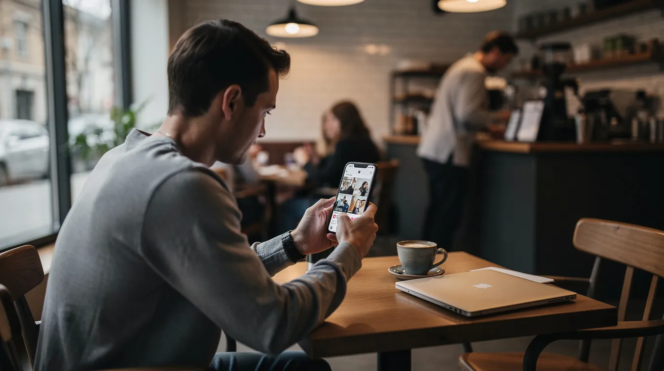 A person is sitting in a cozy coffee shop, intently scrolling through a social media platform on their smartphone, engaging with various posts, images, and trending topics from other users in the global community. The atmosphere is lively, reflecting a moment of connection and user engagement amidst the hustle and bustle of the café.