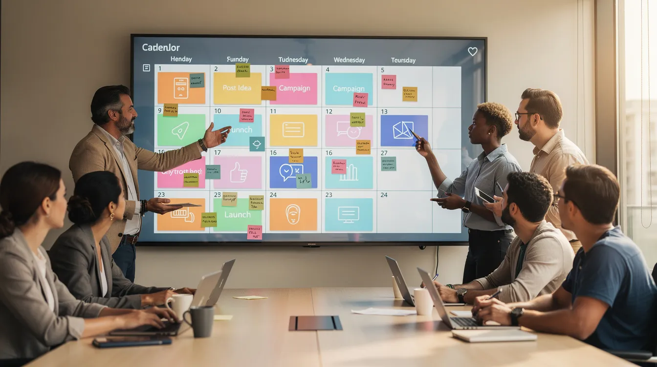 A diverse team of individuals collaborates around a large screen displaying a vibrant content calendar filled with colorful post cards, as they discuss strategies for composing multiple tweets and engaging their audience on Twitter. The atmosphere is dynamic, reflecting a workflow focused on creating viral tweets and planning their posting schedule.