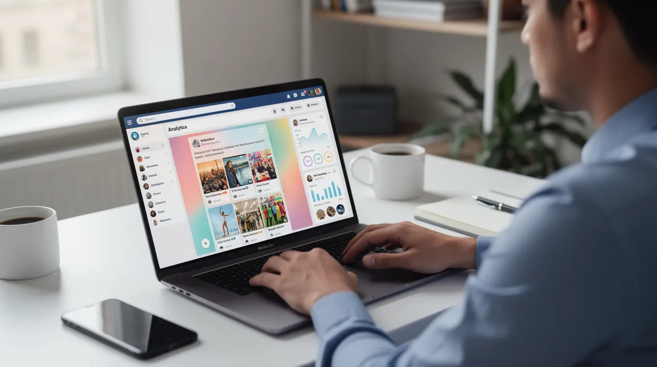 A person is sitting at a desk, focused on a laptop displaying a social media dashboard that includes various profiles and statistics related to their accounts on platforms like Twitter and Instagram. The screen shows tabs for managing followers, posts, and brand identity, illustrating a busy work environment for social media professionals.