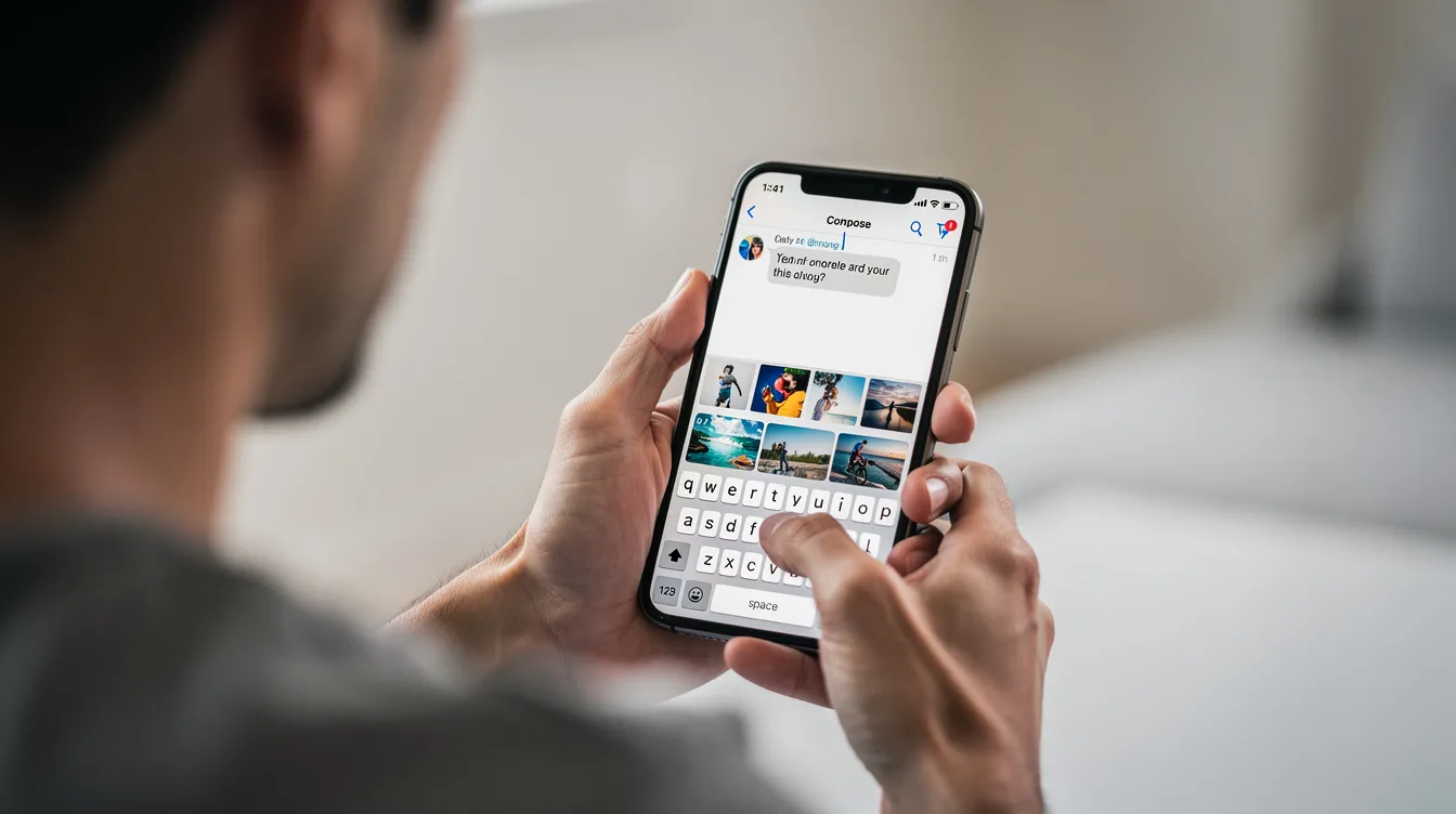 A person is composing a tweet on their smartphone, with a screen displaying their camera roll filled with several photos ready to be added to the post. The user is in the process of selecting images to share, possibly tagging people or adding media to their message on Twitter.