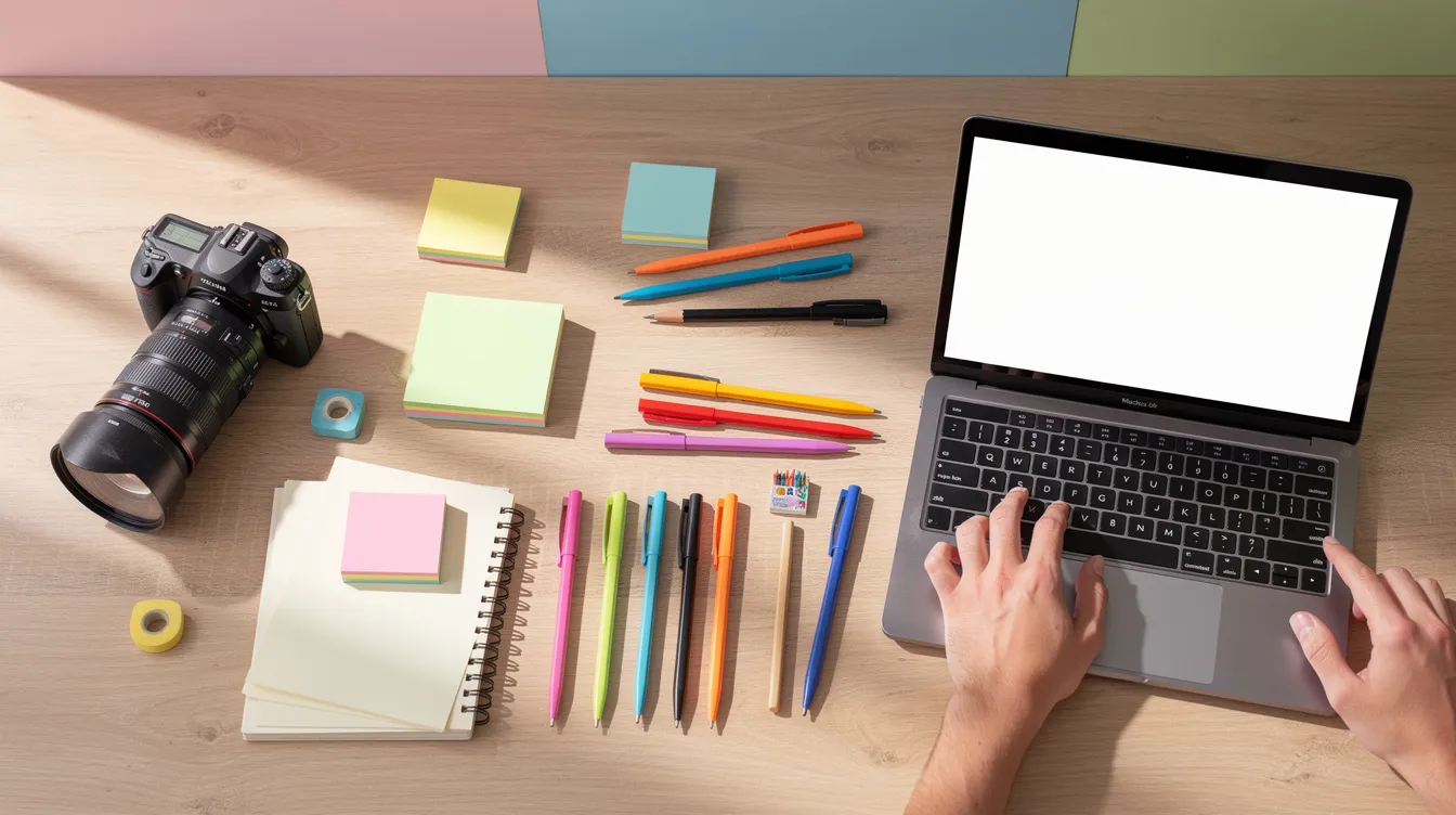 A vibrant flat-lay photo arrangement is displayed on a desk, featuring various colorful items, with a camera and a laptop nearby, suggesting a creative workspace for posting images and sharing content. The scene captures the essence of inspiration and preparation for creating media, perfect for a social media moment.