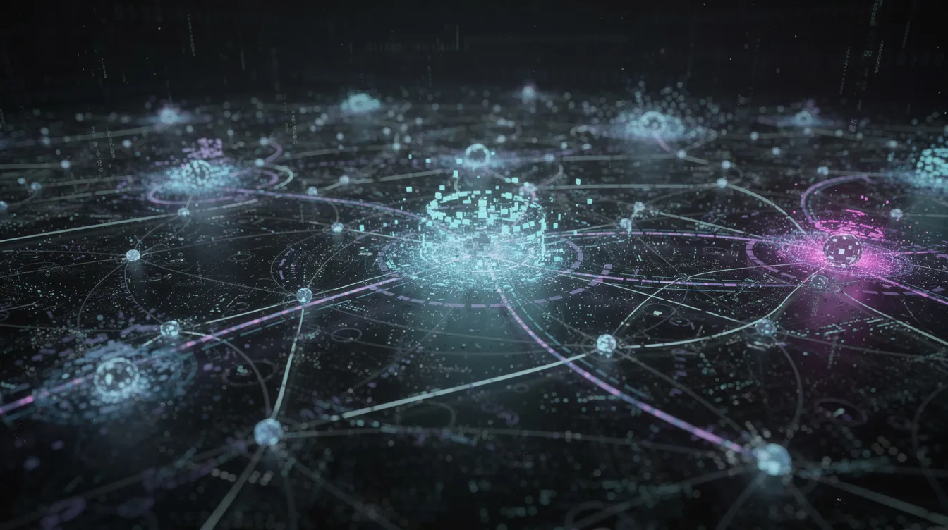 The image depicts a network of interconnected nodes and lines on a dark background, symbolizing a digital bot network, including automated accounts and bot accounts that may influence user behavior on platforms like Twitter. This visualization represents the complexity of bot detection and the presence of both real and fake accounts, highlighting the automation and communication within the digital landscape.