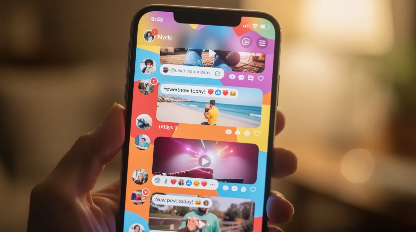 The image shows a colorful mobile phone screen featuring a vibrant social media timeline filled with engaging posts, photos, and video thumbnails, illustrating a lively conversation among users. This dynamic display highlights the importance of connecting with followers and creating relevant content for increased engagement.