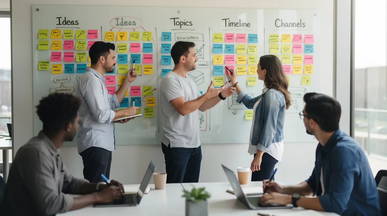 A diverse team is gathered around a whiteboard filled with colorful post-it notes and markers, actively brainstorming content ideas for social media platforms to enhance user engagement. They are discussing strategies to connect with their specific audience and create exclusive content that resonates with their followers.