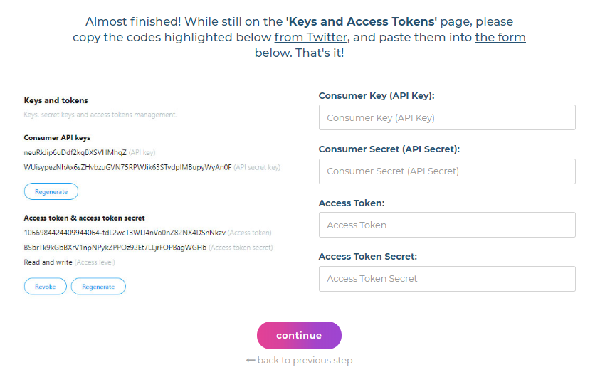 add four keys of your twitter account to tweetfull